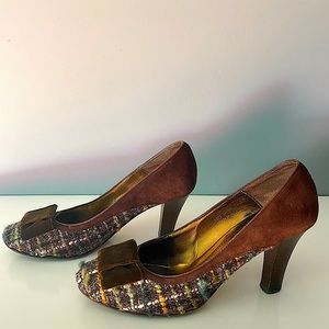 Coach Green and Gray Tweed with Brown Suede Heels Size 7.5